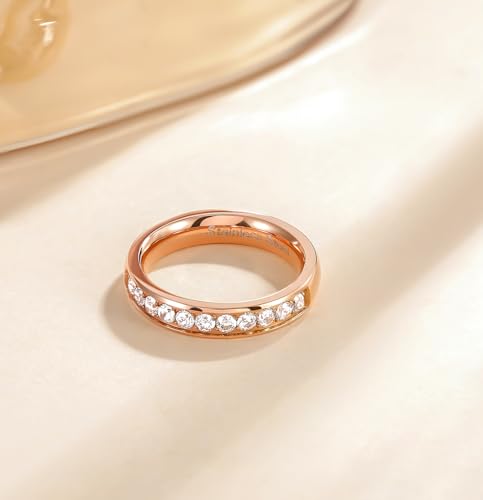 TIGRADE 3.5mm Engagement Ring Half Cubic Zirconia Stainless Steel Eternity Wedding Band for Women Size 3-12.5 - color: Rose Gold