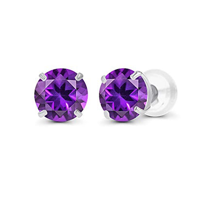 Genuine 10K Solid White Gold 6mm Round Natural Purple Amethyst February Birthstone Stud Earrings
