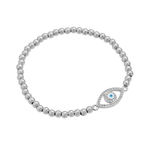 Women Evil Eye Ball chain Elastic bracelet with CZ Cubic Zirconia - color: Eye Silver