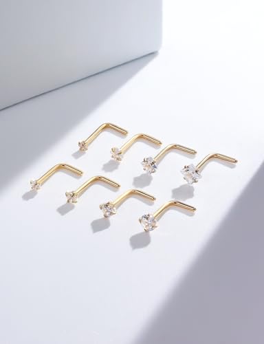18G 20G 14K Gold Filled Nose Rings Studs Piercing Jewelry For Women Men 316L Surgical Steel Round Square Cubic Zirconia Nose Rings Studs Nostrial Piercing Jewelry CZ 1.5mm 2mm 2.5mm 3mm - color: 14K Gold Plated, size: 20 Gauge-L Shaped-Round and Square CZ