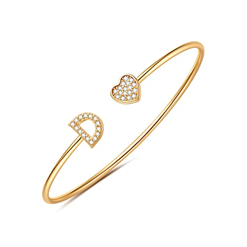 Gold Bracelets for Women Teen Girls, 14K Gold Plated Initial Heart Bangle | Adjustable Open Cuff Bracelet, Dainty Letter Jewelry, Daughter Sister Bridesmaid Friend, Birthday Christmas Graduation Gift - color: D.