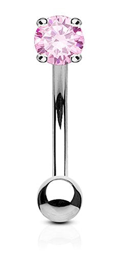 Forbidden Body Jewelry 16g 8mm Surgical Steel Curved Barbell w/Solitaire CZ for Daith, Eyebrow & Rook Piercings - color: Steel/Pink