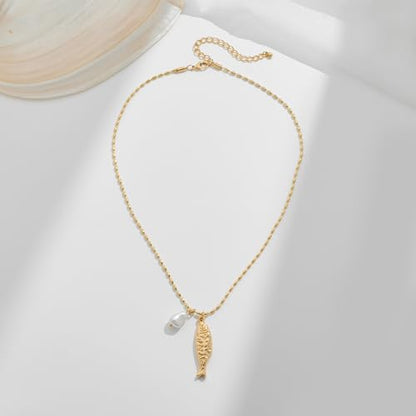YUJIE Dainty Fish Pendant Necklace for Women 14k Gold Plated Ocean Fish Charm Necklace Summer - color: pearl fish