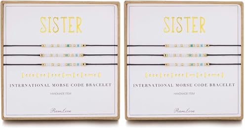 RareLove 3 Pieces Sisters Morse Code Bracelet Friendship Birthday Best Friends Gift For 3 Women Blue White Tiny Pony Seed Beads Black String Bracelets - size: 6.69 inches + 1.77 inches extender (Pack of 2)