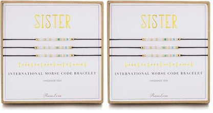 RareLove 3 Pieces Sisters Morse Code Bracelet Friendship Birthday Best Friends Gift For 3 Women Blue White Tiny Pony Seed Beads Black String Bracelets - size: 6.69 inches + 1.77 inches extender (Pack of 2)
