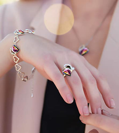 Leafael Infinity Love Women's Adjustable Crystal Heart Ring with Birthstone Crystals Healing Stones, Jewelry Gifts for Women, Birthdays Valentine's Day, Silver-Tone, Open End, Size 6.5-8 - color: 17c-Protection-Rainbow Black