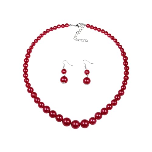 xuzhiyuan Fashion Classic Faux Pearl Red Carnelian Jewelry Set Necklace Earrings for Women - color: Red