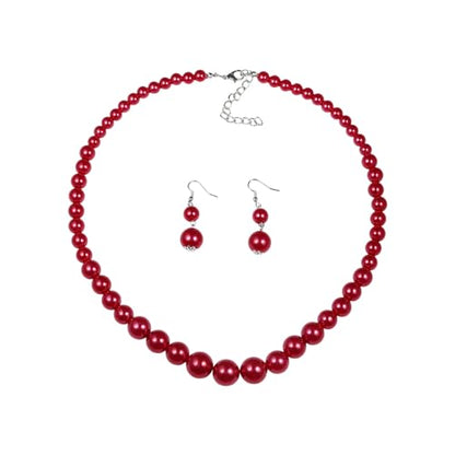 xuzhiyuan Fashion Classic Faux Pearl Red Carnelian Jewelry Set Necklace Earrings for Women - color: Red
