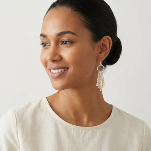 Antique Gold Hammered Disc Drop Earrings Boho Earrings with Two Tone Jewelry Gift - color: AMZ-EH21327A
