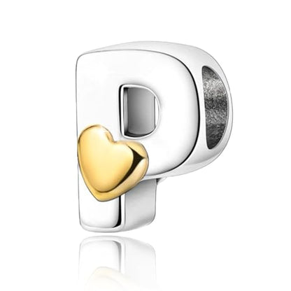 Two-Tone Gold Heart S925 Silver Letter Charm Fits Pandora Bracelet Necklace | Initial Bead Two-Tone Gold Heart, DIY European Bracelet Accessory, Gift for Ladies Birthday Anniversary Valentine - style: P