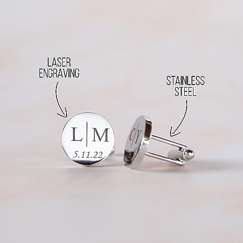 Custom engraved cufflinks for men, personalized wedding gift for groom, father of the bride & groom dad, best men, customized gold & silver cufflinks with dates, quotes or couples initials from bride - style: Initial | Initial