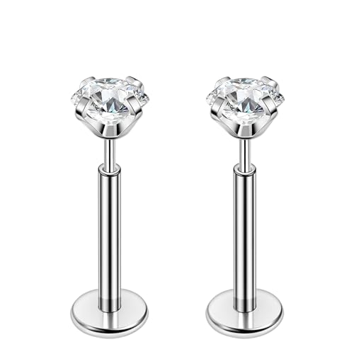 PunkTracker 16g/18g/20g Titanium Steel Threadless Flat Back Cartilage Earrings for Helix/Tragus/Conch/Daith/Earlobe - Nose Studs Lip Rings Labret Monroe Piercing Jewelry for Women Men 2PCS - style: 18g,silver,8mm bar,4mm gem