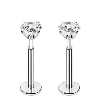 PunkTracker 16g/18g/20g Titanium Steel Threadless Flat Back Cartilage Earrings for Helix/Tragus/Conch/Daith/Earlobe - Nose Studs Lip Rings Labret Monroe Piercing Jewelry for Women Men 2PCS - style: 16g,silver,8mm bar,4mm gem