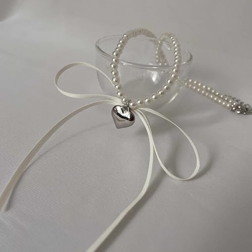 Pearl Ribbon Bow Choker Necklaces Y2k Coquette Necklace for Women - color: White