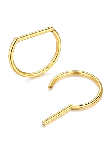 Oveta Titanium D Shaped Nipple Rings 14G for Nipple Piercing Jewelry Higned Segment Clicker Cartilage Hoop Earring 12mm 14mm 16mm for Women Men, Silver/Gold/Black, 2PCS - color: Gold No CZ, size: 14mm Bar