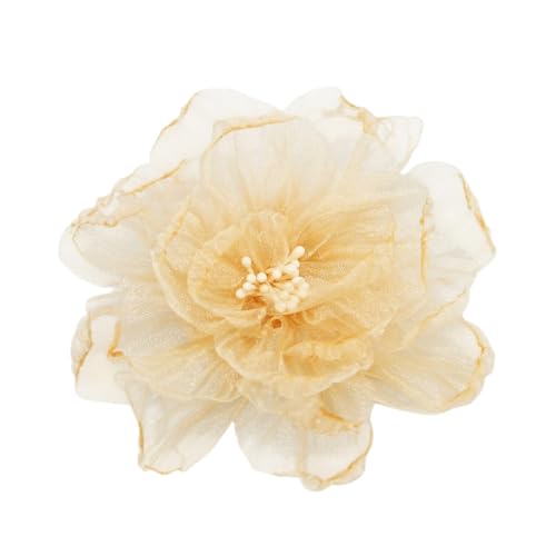 Elegant Organza Flower Brooch Pin for Women Men Delicate Fabric Camellia Floral Lapel Pins Dress Skirt Scarf Hat Clothing Decoration Accessories Holiday Wedding Party Fashion Jewelry 100mm - color: Yellow