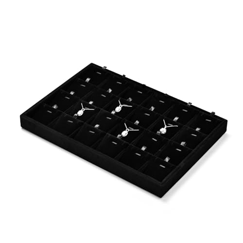 Black Velvet 24 Grid Removable Insert Jewelry Necklace Display Tray | Soft black velvet 24-grid tray with removable insert, customizable jewelry storage for home vanity, retail & holiday gifting - size: 24 Grid with Insert
