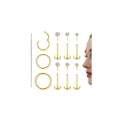 Incaton 18G Threadless Flat Back Stud Earrings For Women Men, 316L Surgical Steel Hypoallergenic Push in Nose Studs CZ Nose Nostril Tragus Helix Labret Studs Lip Rings Piercing Jewelry - color: 3 HOOP + 6 STUD GOLD