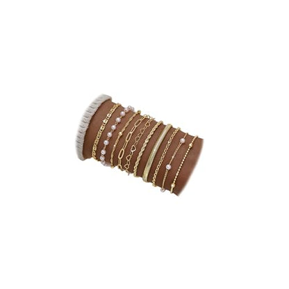 10 Pcs Gold Bracelets for Women, 14K Gold Plated Stackable Cuban Link Paperclip Chain Bracelet Set, Dainty Gold Bracelets Stack Jewelry - color: Gold-pearl
