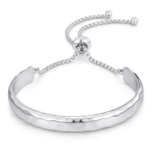 14K Gold Bracelets for Women Adjustable Slider Bracelet Bangle Bracelets for Women Trendy Chain Bracelet - color: Silver Hammered