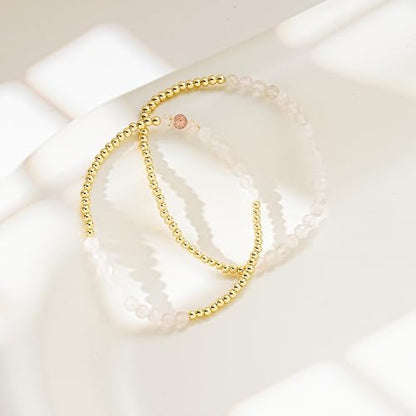 Kainier Gold Beaded Bracelets for Women 2Pairs 14K Gold Plated Stretch Bracelet Set Stackable Tarnish Dainty Natural Stone Bead Bracelets Gift - color: Moonstone