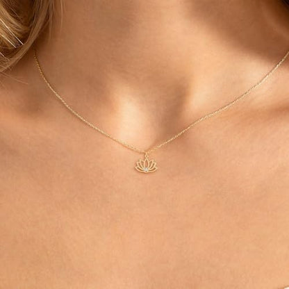 HANLI 14K Gold Plated Necklaces for Women - Dainty Butterfly, Star of David, Moon and Star, Sun, Lotus, Infinity, Hummingbird, Bee,Boots,Chill,Sunflower Pendant Designs - Elegant Jewelry for Women - color: Lotus