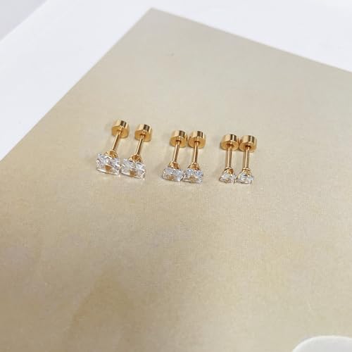 18G Princess Cut Clear Cubic Zirconia Cartilage Small Stud Earrings for Men Women Square Barbell Tragus Helix Screw Sleeper Surgical Steel Flat Back Piercing Studs Hypoallergenic 3 Pairs 3-5mm - color: Gold