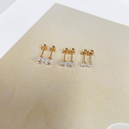 18G Princess Cut Clear Cubic Zirconia Cartilage Small Stud Earrings for Men Women Square Barbell Tragus Helix Screw Sleeper Surgical Steel Flat Back Piercing Studs Hypoallergenic 3 Pairs 3-5mm - color: Gold