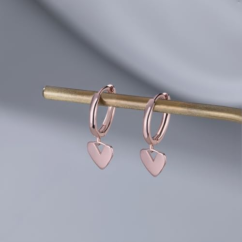 Reffeer Solid 925 Sterling Silver Small Love Heart Drop Earrings Hoop for Women Teen Girls Heart Hoop Earrings Huggie - color: C-Rose