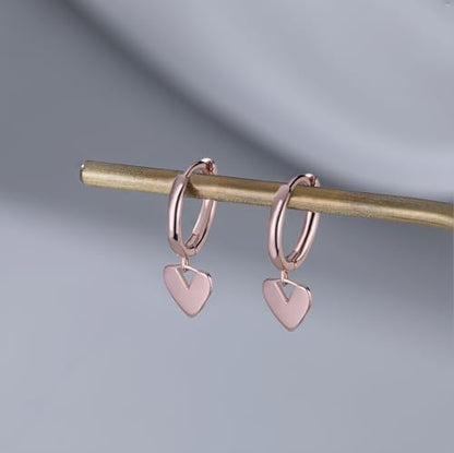 Reffeer Solid 925 Sterling Silver Small Love Heart Drop Earrings Hoop for Women Teen Girls Heart Hoop Earrings Huggie - color: C-Rose