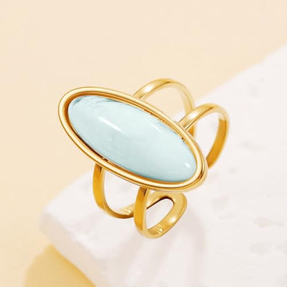 OIDIMS Fashion Geometric Oval Statement Ring for Women Gold-Tone Stainless Steel Dainty Faux Gemstone Adjustable Open Wedding Band Boho Trendy Comfirm Fit Wrap Finger Rings Cocktail Party Jewelry - color: Blue