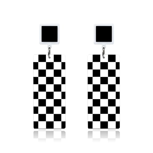 KaFu Checkerboard Earrings for Women 70s 80s Retro Acrylic Black White Striped Checkered Geometric Dangle Earrings Resin Rectangle Earrings Statement Jewelry - color: style-1