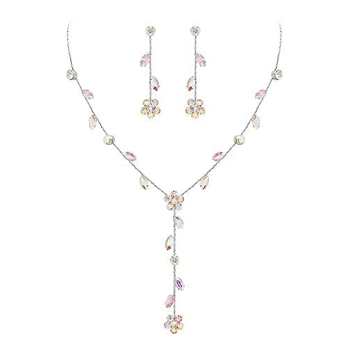 EleQueen Dainty Bridal Jewelry Set for Brides Bridesmaid, Cubic Zirconia Flower Necklace Earrings for Women