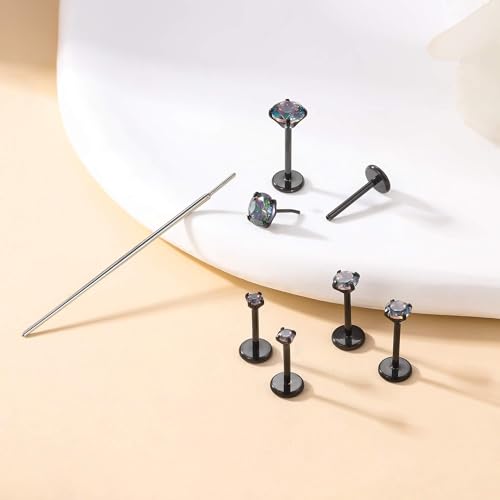 Gotumo 20G Flat Back Earrings Stud G23 Titanium Threadless Tragus Labret Cartilage Lip Medusa Conch Body Piercing Jewelry Hypoallergenic for Women Men - color: Black 16G Bar-6/7/8mm&CZ-2/3/4mm