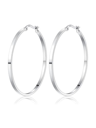 RoseJeopal 925 Sterling Silver Flat Hoop Earrings for Women 20/30/40/50MM | 14K White Gold Plated, Hypoallergenic, Lightweight, Flat Hoop, Jewelry Gift - color: Silver-30MM