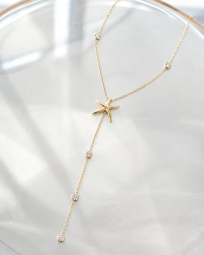 14K Gold Plated Lariat Necklace for Women, Dainty Star Drop Long Necklaces CZ Y-Shaped Pendant Necklaces for Women Trendy Jewelry - color: starfish