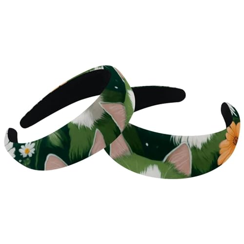 2 Pcs Wide Padded Headband Velvet Headbands Puffy Thick Hairbands Soft Hair bands for Women Girls Hair Accessories for Teen Girls,Cat Daisies - color: Multi-colored 16