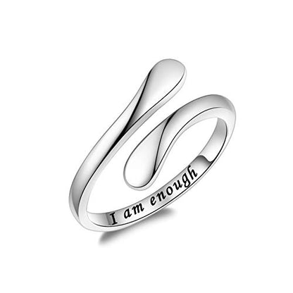 Fookduoduo 925 Sterling Silver Ring Inspirational Jewelry adjustable Wrap Open Rings for Women - style: I am enough