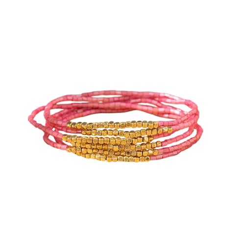 Boho Stackable Seed Beaded Bracelet Set for Women Colorful Multilayered Gold Beads Stretch Bracelets Summer Beach Bohemian Jewelry Gift - color: Watermelon Pink