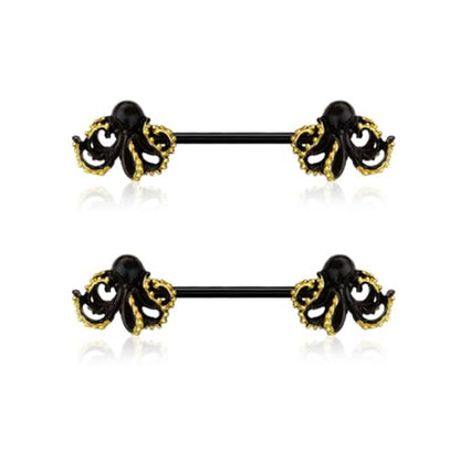 Pierced Owl 14GA Black 316L Stainless Steel Kraken Octopus Nipple Barbells, Sold as a Pair