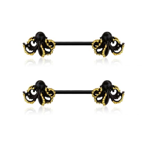 Pierced Owl 14GA Black 316L Stainless Steel Kraken Octopus Nipple Barbells, Sold as a Pair