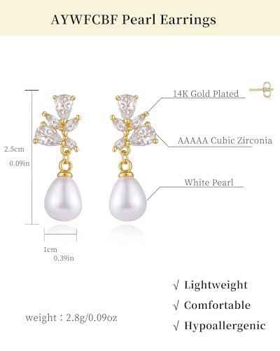 Pearl Earrings for Women, 14k Gold Plated Trendy Diamond Pearl Drop Earrings Bridal Shower Gifts Wedding jewelry for Women - color: Style J Gold