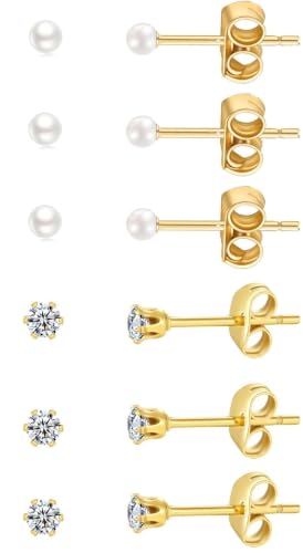 6Pairs 2mm/3mm Surgical Steel Hypoallergenic Piercing Studs, 20G 14K Real Gold Filled Tiny Stud Earrings Set for Multiple Hole Piercing (Cubic Zirconia, Pearl, Ball) - style: K01 : 3MM, Gold Pearl + Cubic Zirconia, 6 Pairs