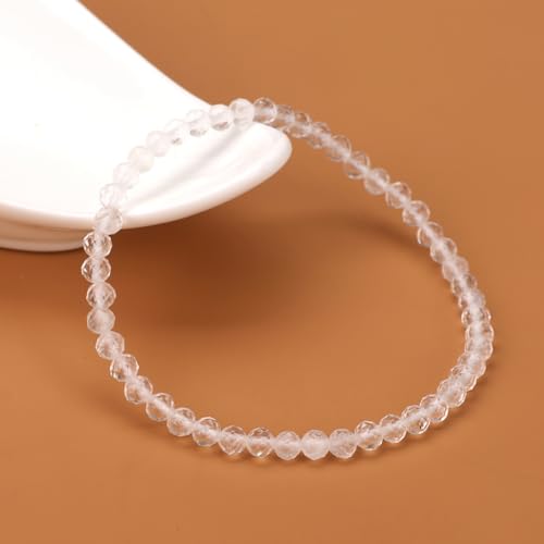 Natural Faceted Crystal Bracelet for Women,4mm Gemstone Round Beads Bracelets Adjustable Stretchy Healing Crystal Beads Bracelets Dainty Jewelry Gift - color: Clear Quartz
