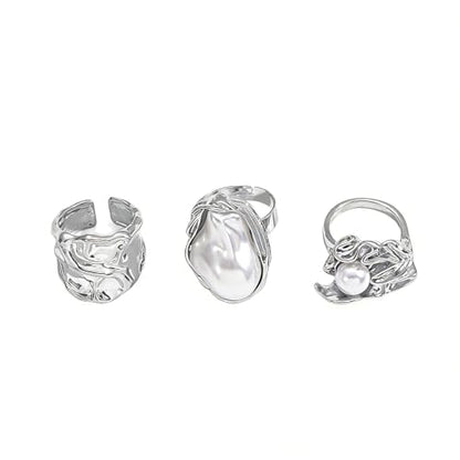 3/6 PCS Silver Chunky Pearl Rings Set for Women Gold Baroque Pearl Flower Open Ring Adjustable Crystal Large Ring Set Personalized Statement Knuckle Rings Fashion Costume Jewelry Accessories - color: silver