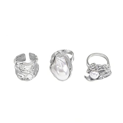 3/6 PCS Silver Chunky Pearl Rings Set for Women Gold Baroque Pearl Flower Open Ring Adjustable Crystal Large Ring Set Personalized Statement Knuckle Rings Fashion Costume Jewelry Accessories - color: silver