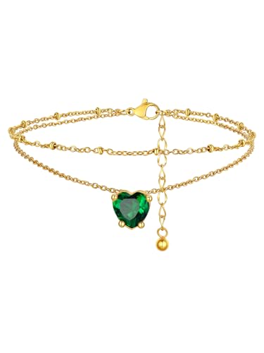 FindChic Bling Heart Birthstone Anklets Layered Beaded Ankle Bracelets for Women Gold/Black/Silver 12 Month Gem Colors Foot Chain Summer Jewelry for Girls, with Gift Box - color: Gold, style: 05. MayCreated Emerald(Prong Setting)