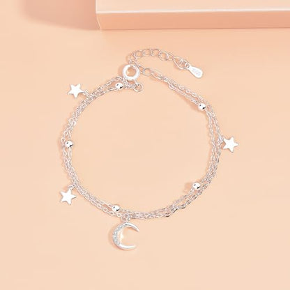 Silver Layered Star Moon Bracelets for Women Link Chain Moon Pendent Bracelet Fashion Jewelry Gifts