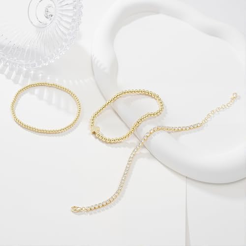 Turandoss Gold Bracelets for Women - Dainty 14K Gold Plated Tennis Bracelet | Stackable Cross Beaded Set, Twisted Rope Chain, Snake Paperclip Chain, Knot Cuff Bracelets for Women, Jewelry Gifts - color: Cross Beaded Set