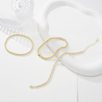 Turandoss Gold Bracelets for Women - Dainty 14K Gold Plated Tennis Bracelet | Stackable Cross Beaded Set, Twisted Rope Chain, Snake Paperclip Chain, Knot Cuff Bracelets for Women, Jewelry Gifts - color: Cross Beaded Set